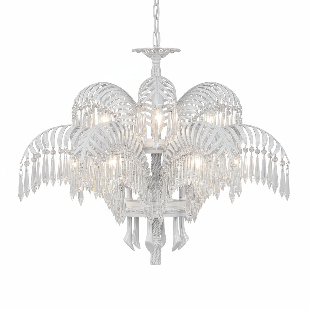 Elegant Brass Palm Leaf Crystal Chandelier with Adjustable Height & Di