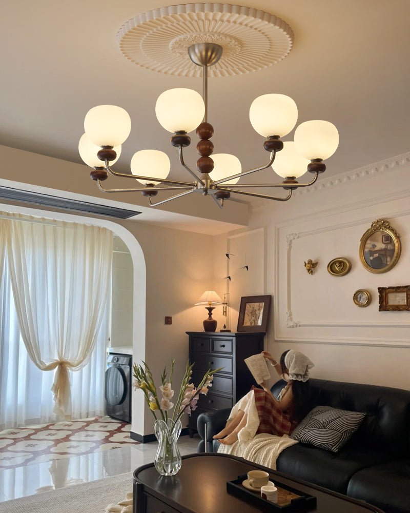 Modern Walnut Orb Chandelier - Adjustable Height, Elegant Design