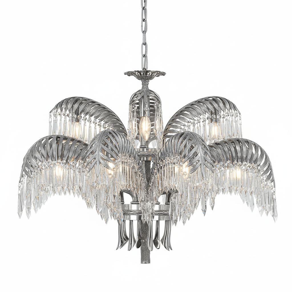 Elegant Brass Palm Leaf Crystal Chandelier with Adjustable Height & Di
