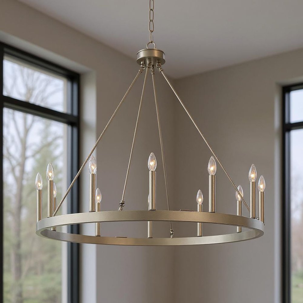 Dimmable Silver Twelve-Light Metal Chandelier with Elegant Candle Desi