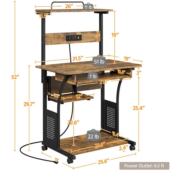 3 Tiers Rolling Computer Desk on Wheels Position 4