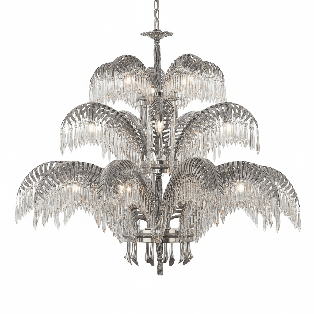 Elegant Brass Palm Leaf Crystal Chandelier with Adjustable Height & Di