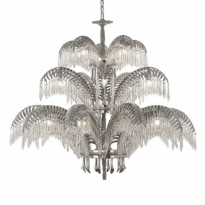 Elegant Brass Palm Leaf Crystal Chandelier with Adjustable Height & Di
