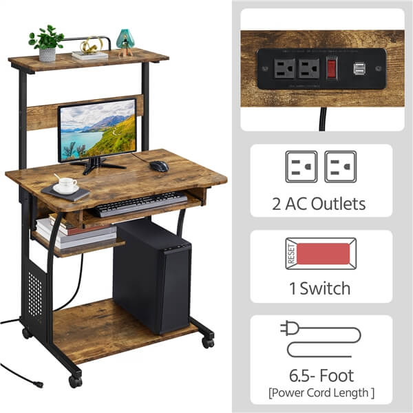 3 Tiers Rolling Computer Desk on Wheels Position 6