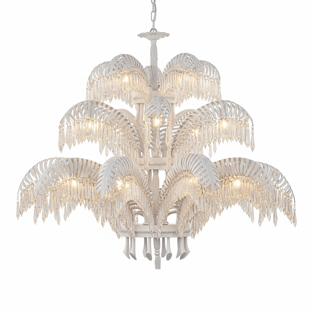 Elegant Brass Palm Leaf Crystal Chandelier with Adjustable Height & Di