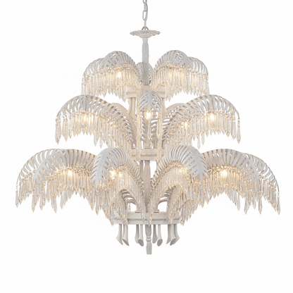 Elegant Brass Palm Leaf Crystal Chandelier with Adjustable Height & Di