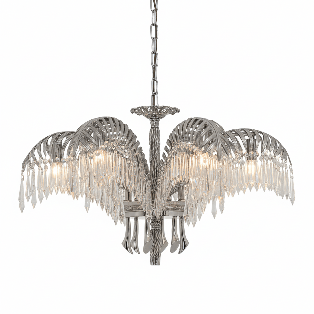 Elegant Brass Palm Leaf Crystal Chandelier with Adjustable Height & Di