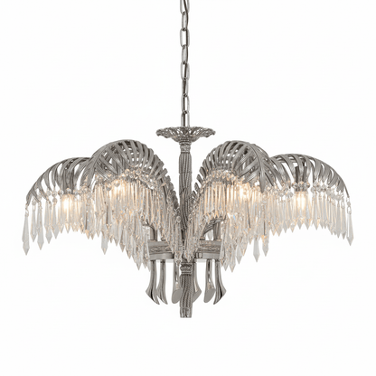 Elegant Brass Palm Leaf Crystal Chandelier with Adjustable Height & Di