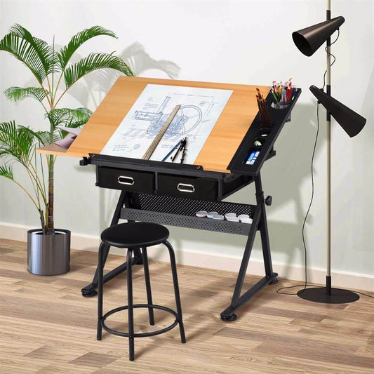 Height-Adjustable Drawing Table with Slide-Out Side Tray — front view