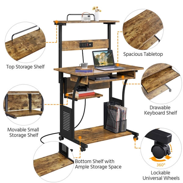 3 Tiers Rolling Computer Desk on Wheels Position 7