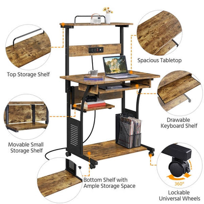 3 Tiers Rolling Computer Desk on Wheels Position 7