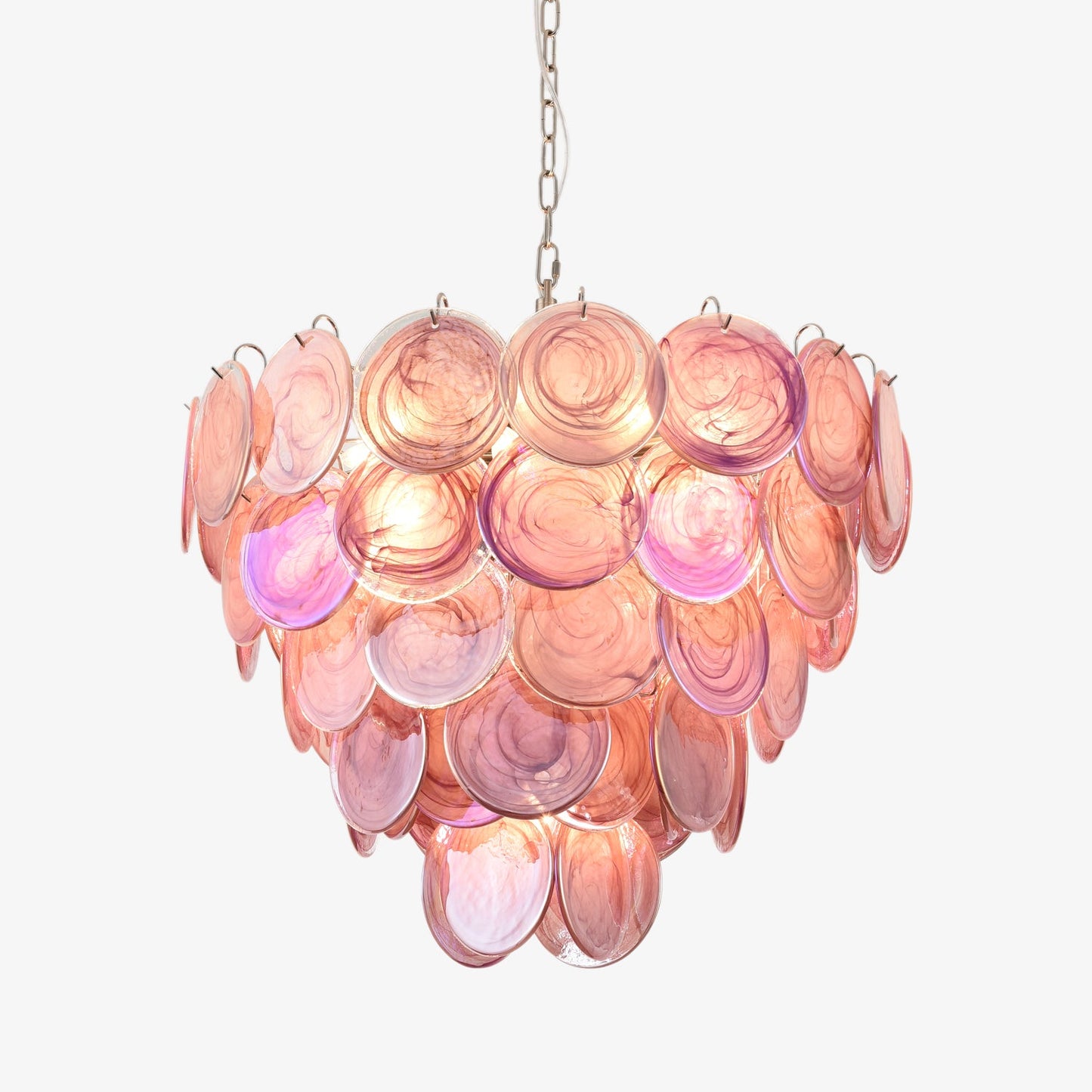 Elegant Pink Glass Disc Chandelier with Adjustable Height & Soft Light