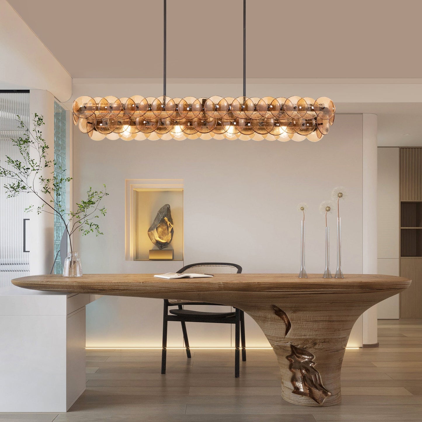 Pressed Glass Disc Linear Chandelier with Adjustable Height & LED Comp