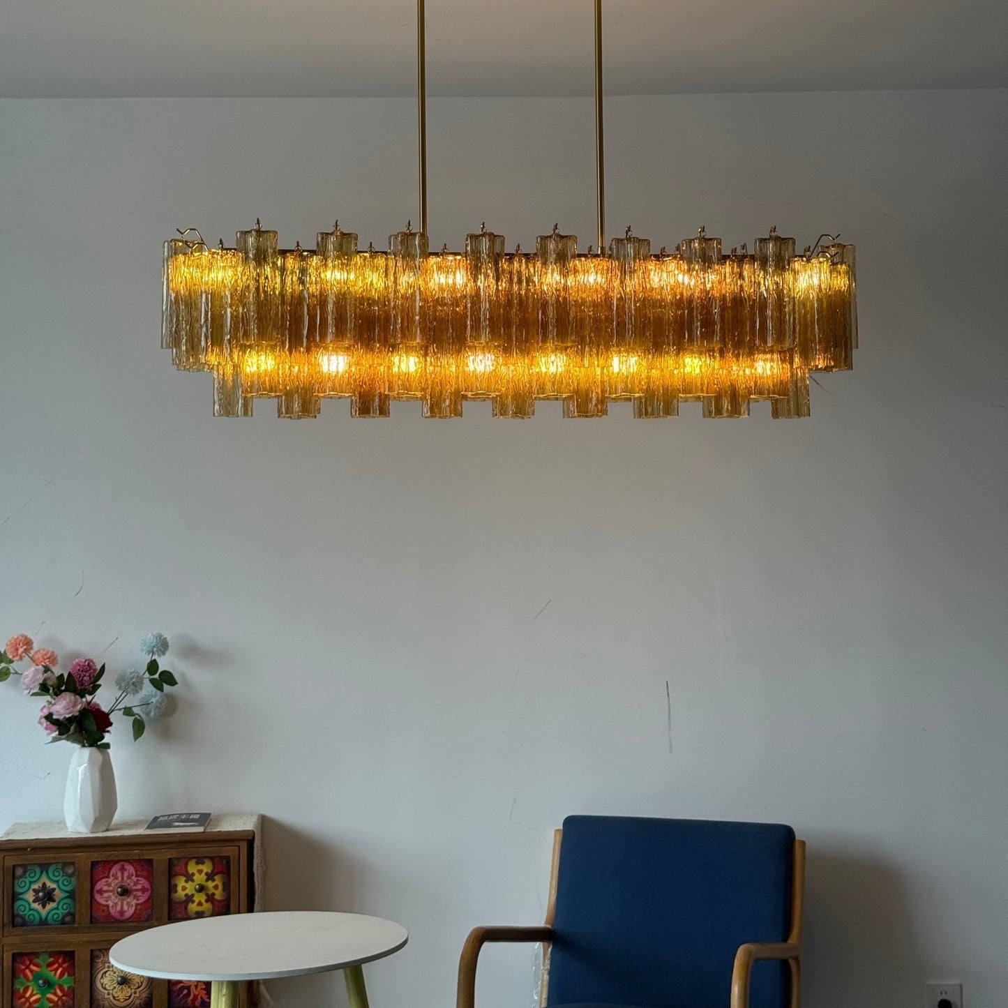 Eloria Modern Glass Linear Chandelier with Adjustable Height & LED Lig