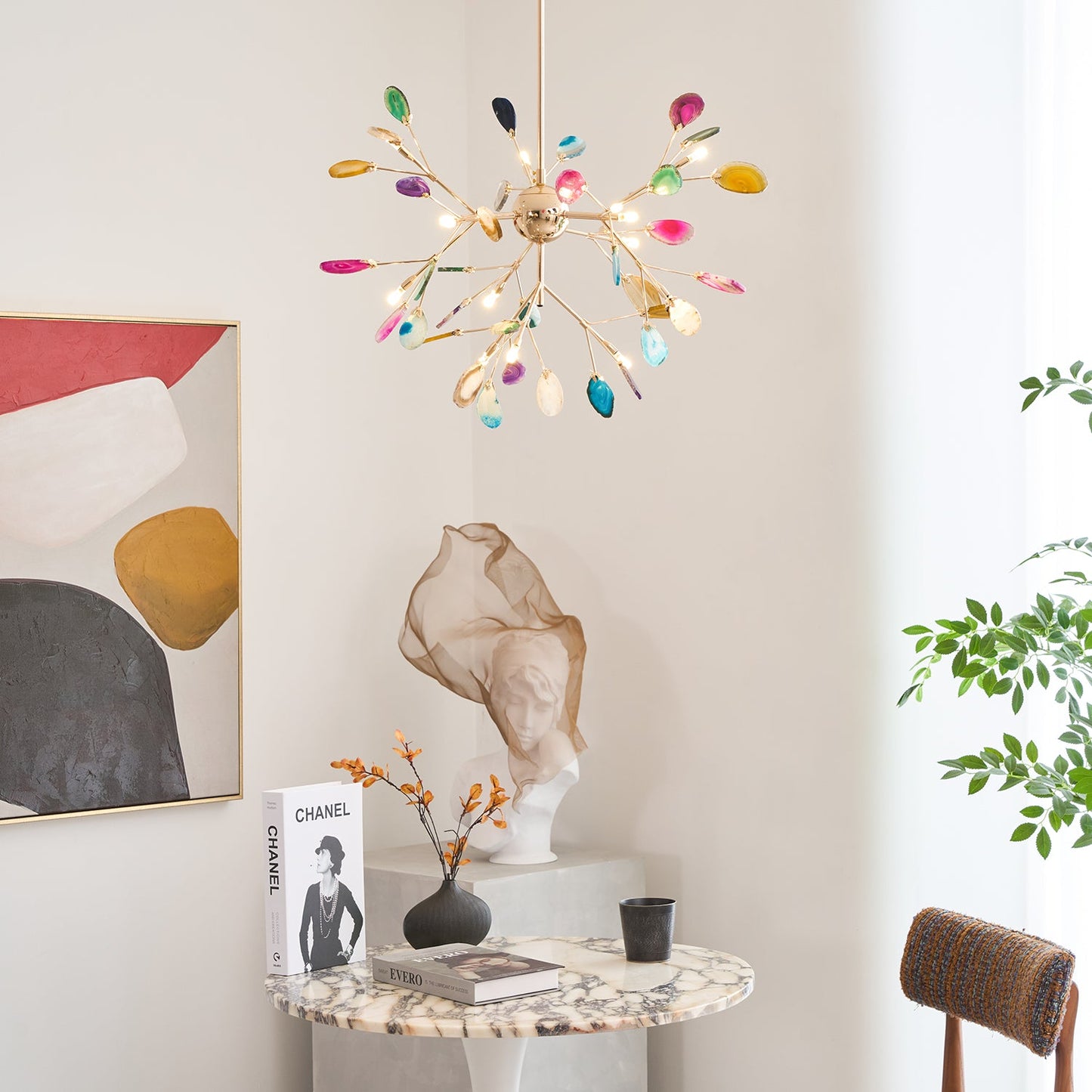 Elegant Agate Flake Chandelier with Adjustable Height & Soft Lighting