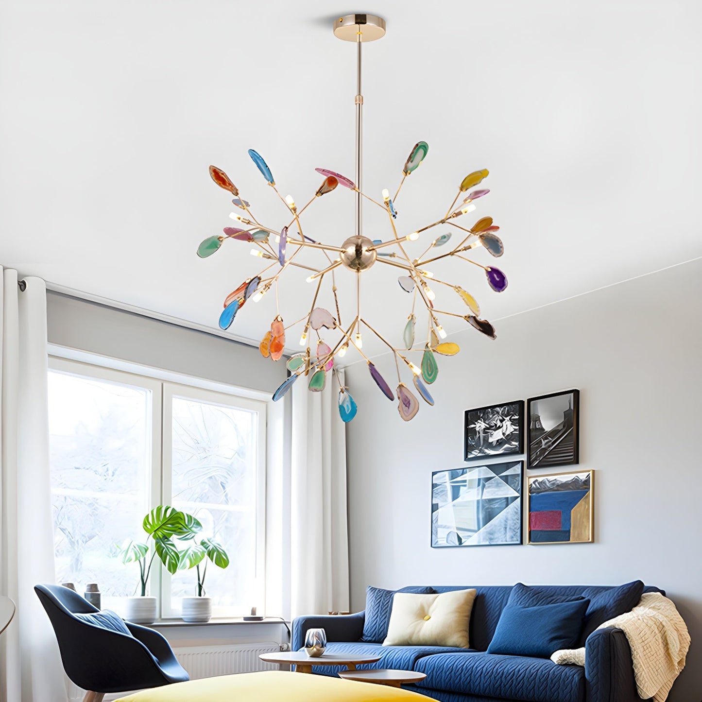 Elegant Agate Flake Chandelier with Adjustable Height & Soft Lighting