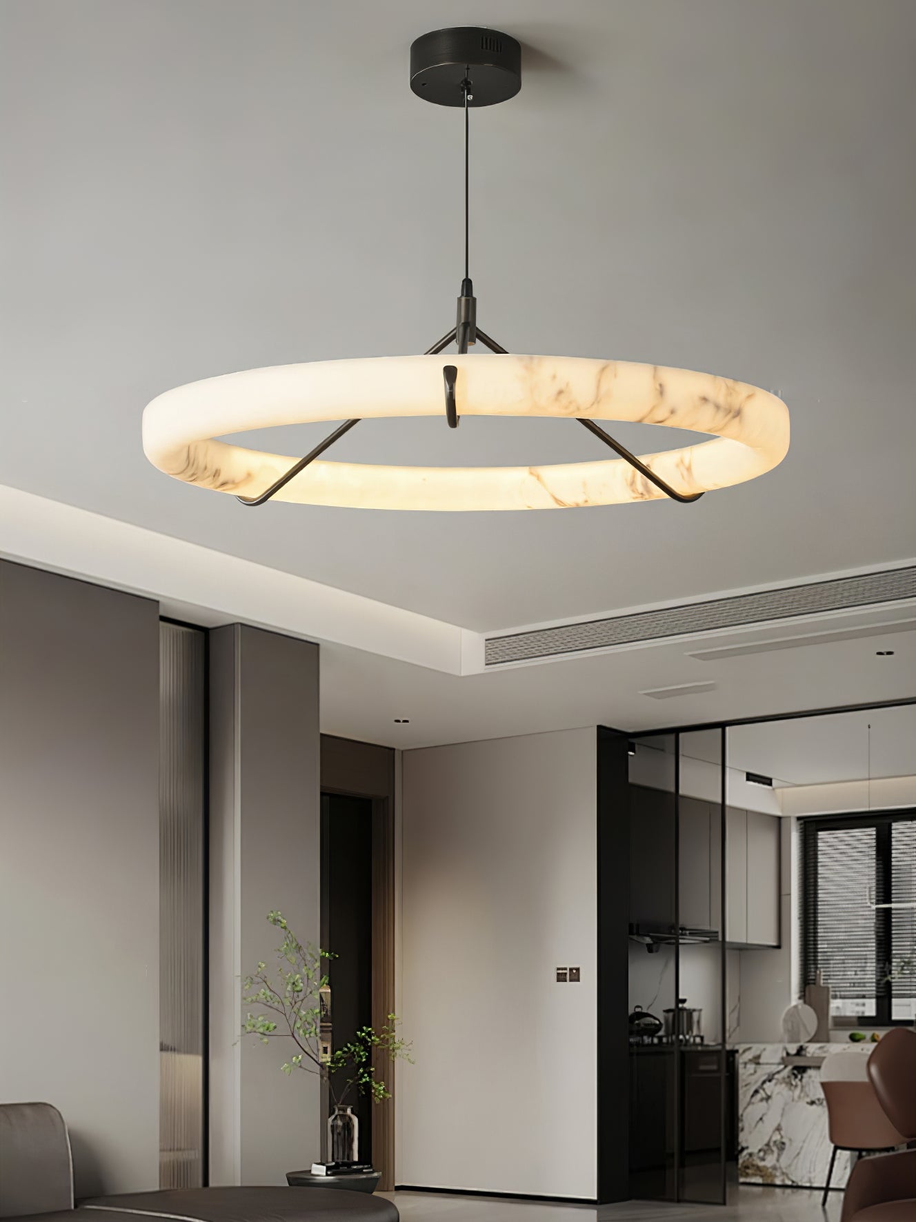Alabaster Ring Pendant Lamp - Elegant Design with Adjustable Height