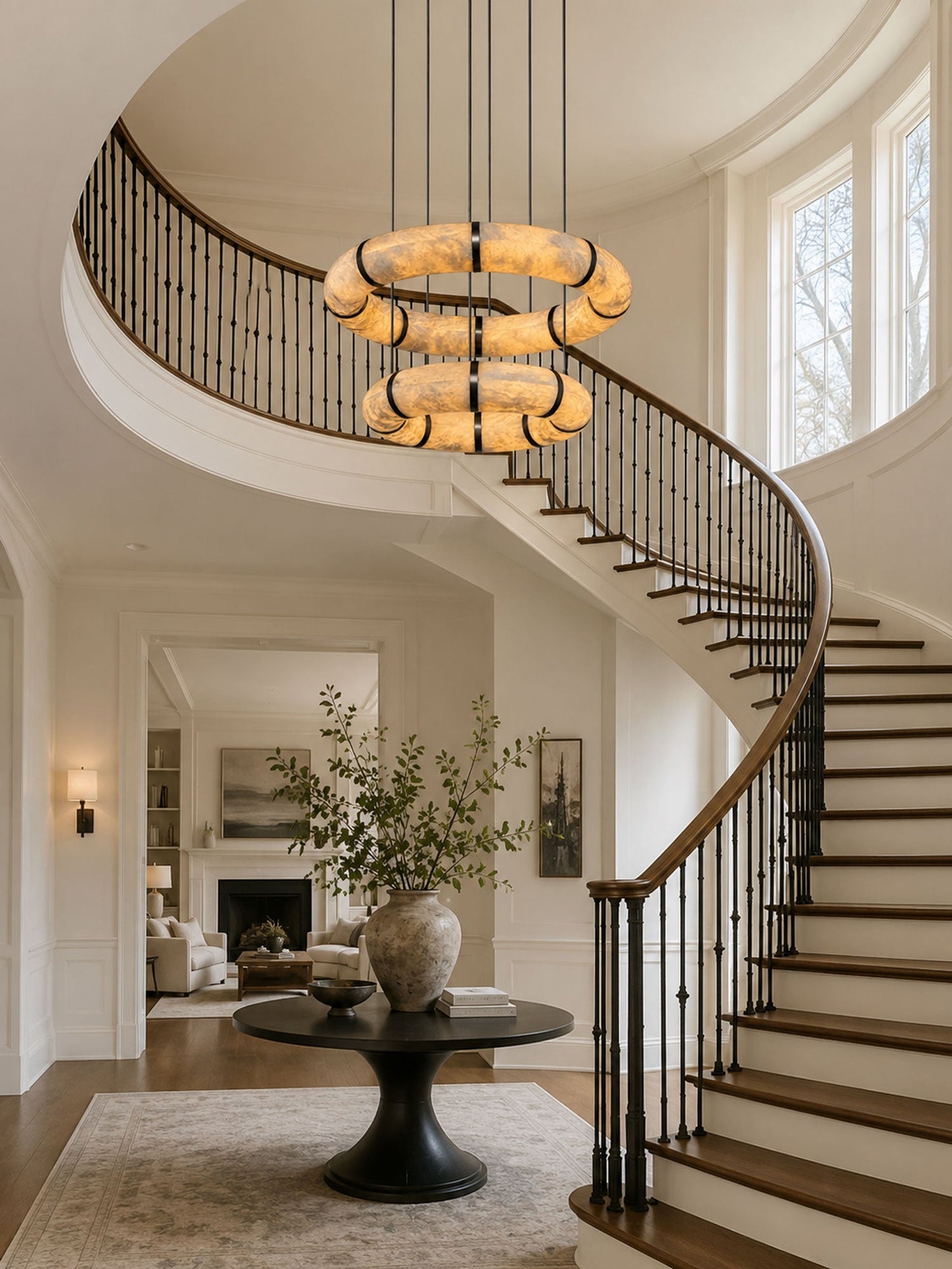 Alabaster Torus Ring Chandelier - Elegant Design with Adjustable Heigh