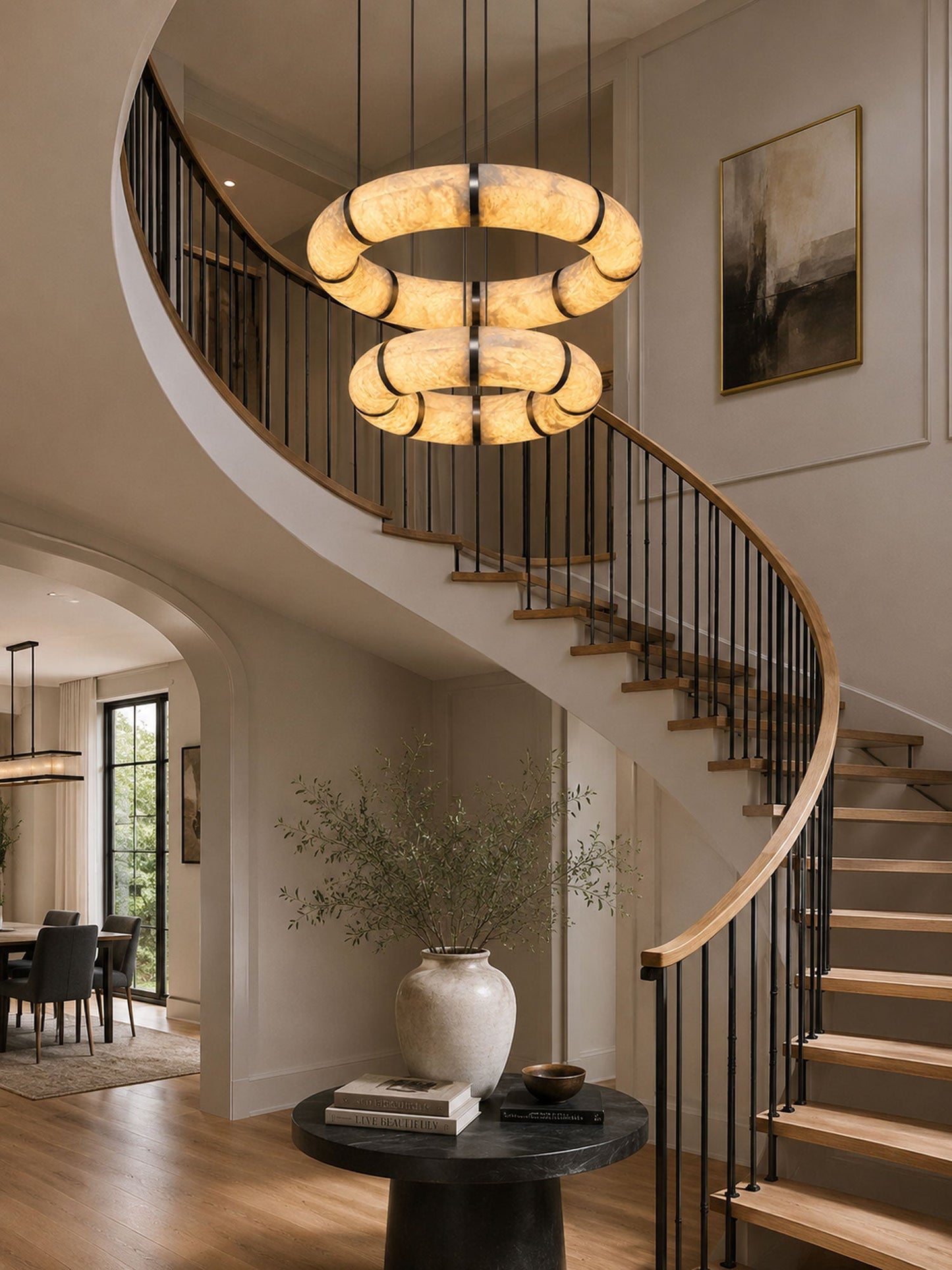 Alabaster Torus Ring Chandelier - Elegant Design with Adjustable Heigh
