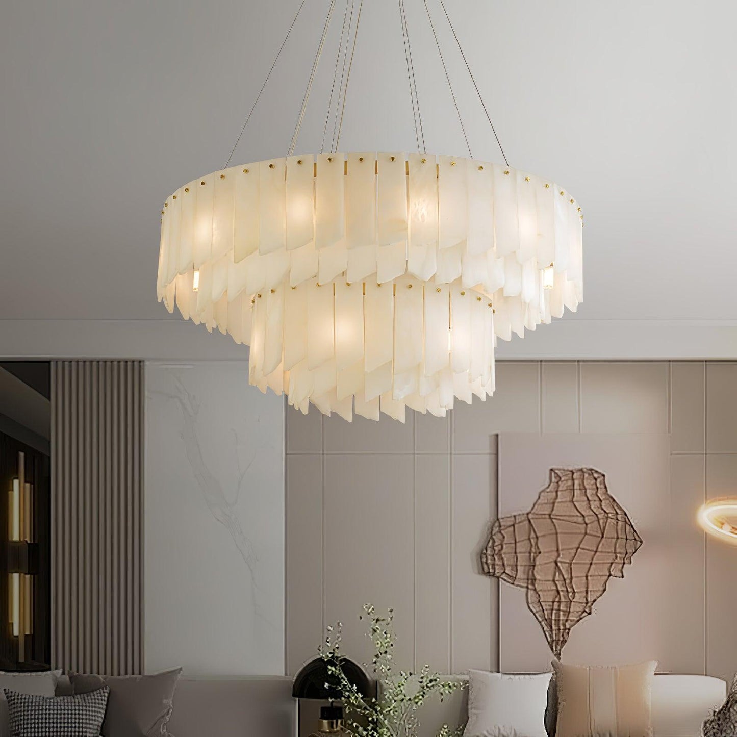 Elegant Alabaster Cascade Tiered Chandelier with Adjustable Height & L