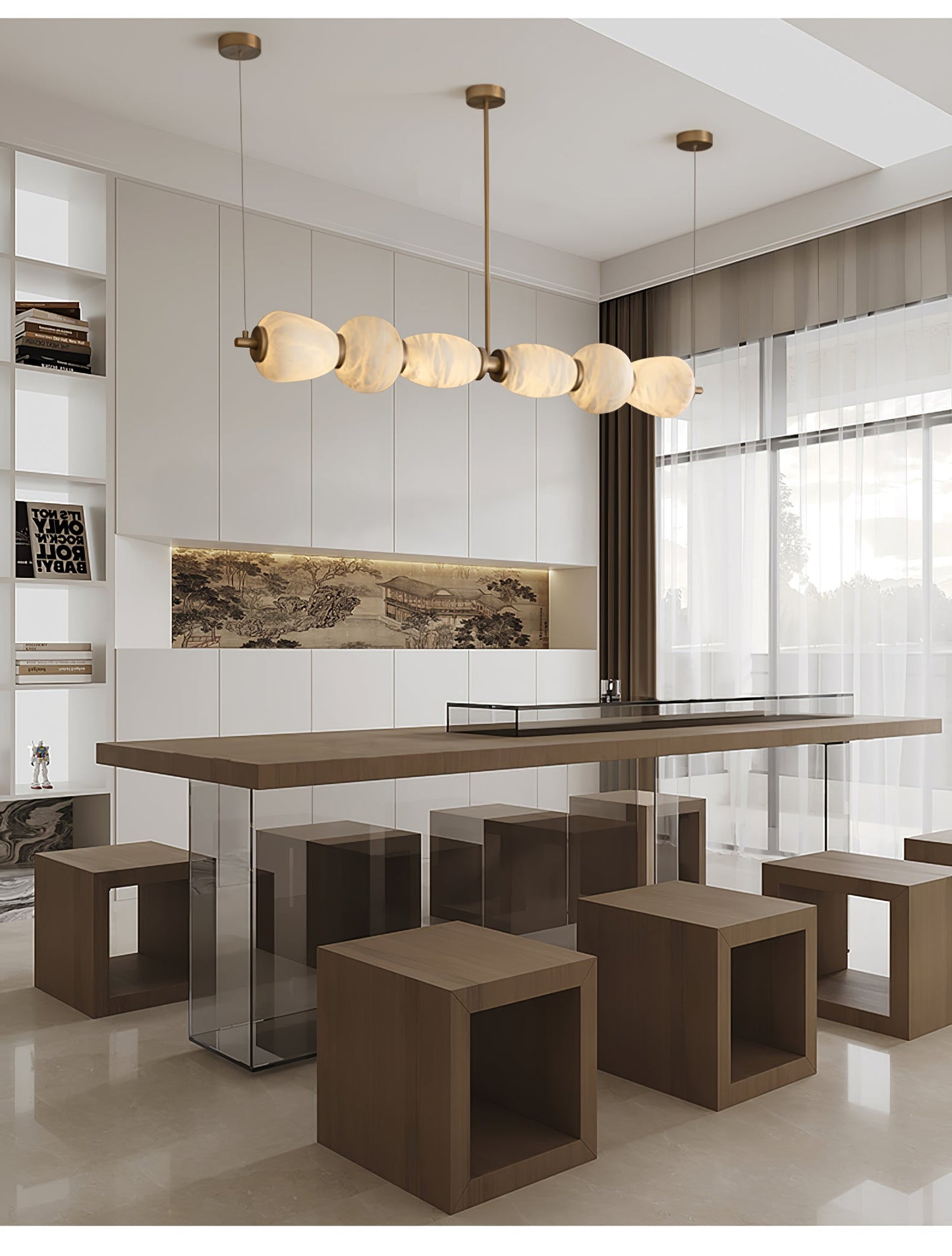 Alabaster Pebble Linear Chandelier - Modern Design, Adjustable Height