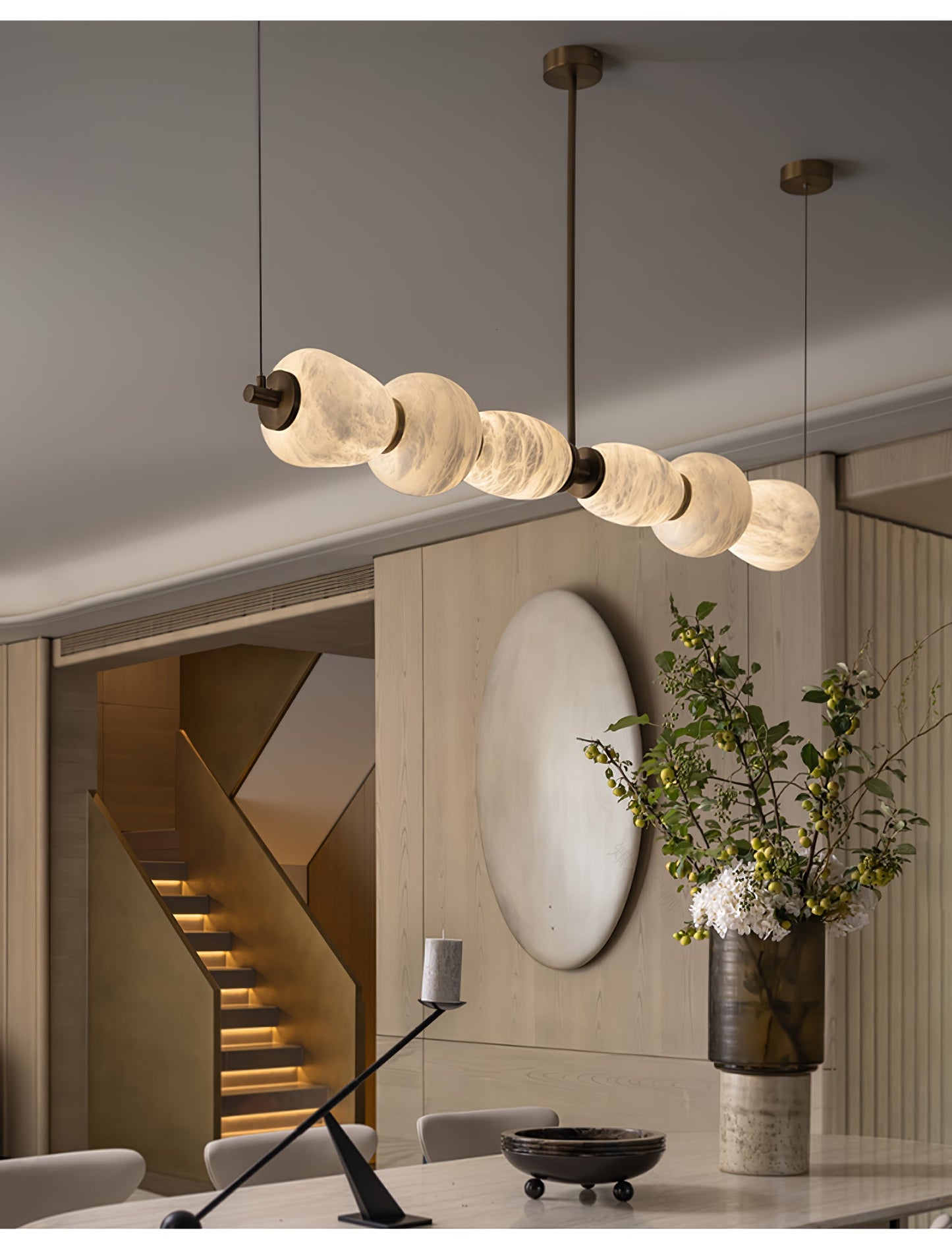 Alabaster Pebble Linear Chandelier - Modern Design, Adjustable Height