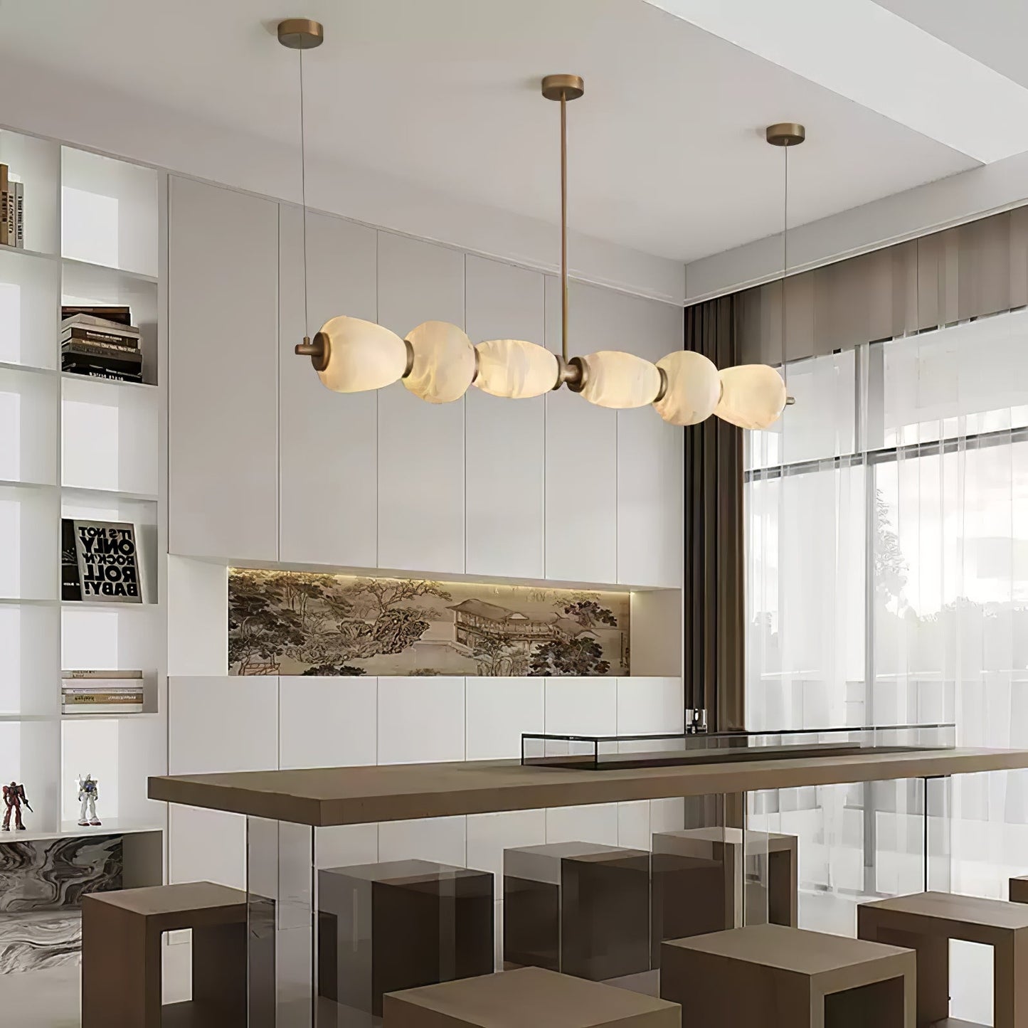 Alabaster Pebble Linear Chandelier - Modern Design, Adjustable Height