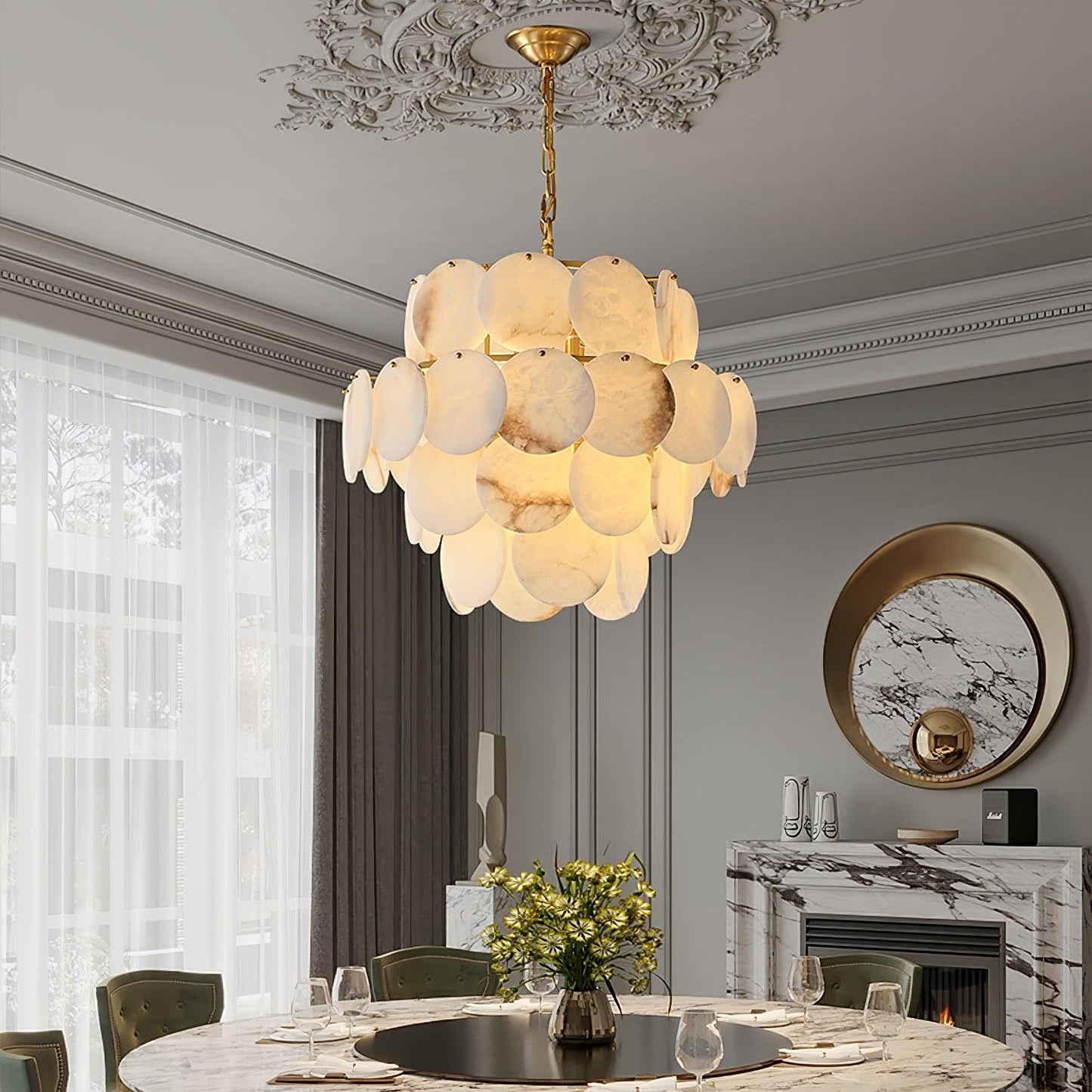 Alabaster Shell Brass Chandelier with Adjustable Height & Elegant Desi