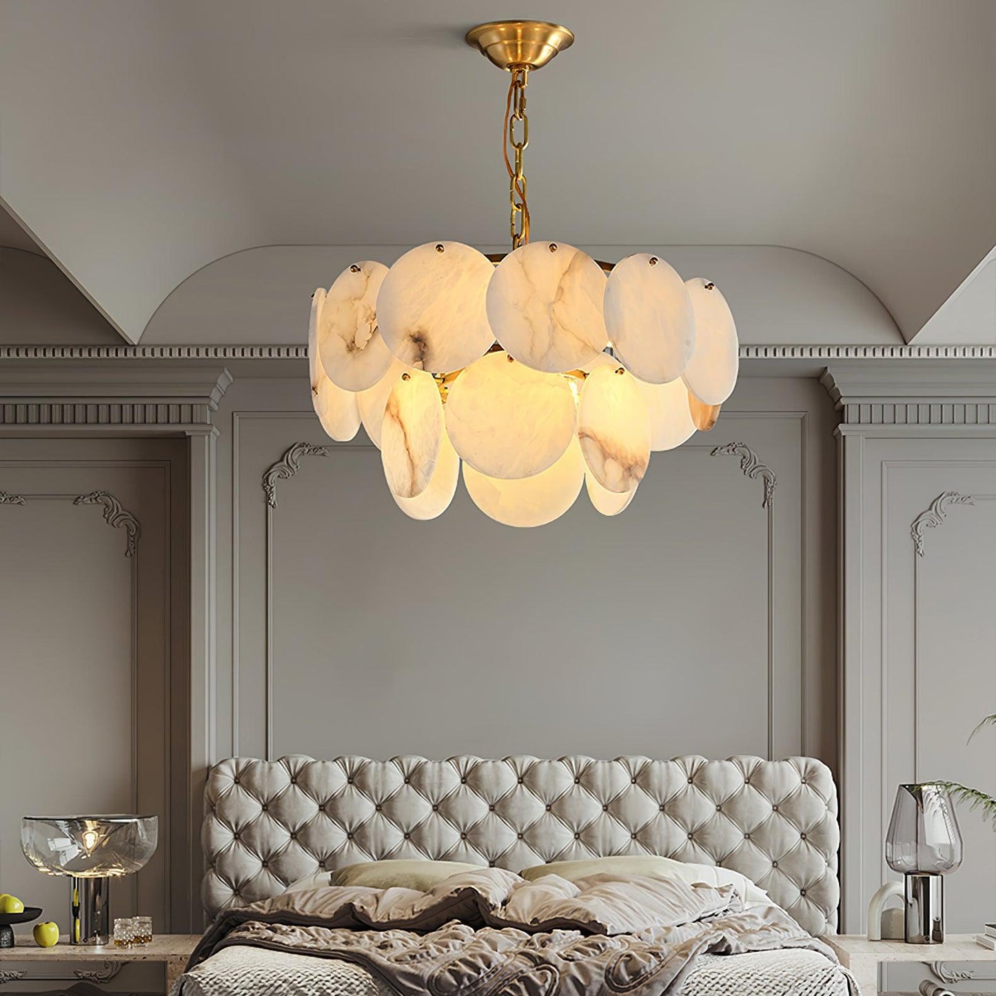 Alabaster Shell Brass Chandelier with Adjustable Height & Elegant Desi