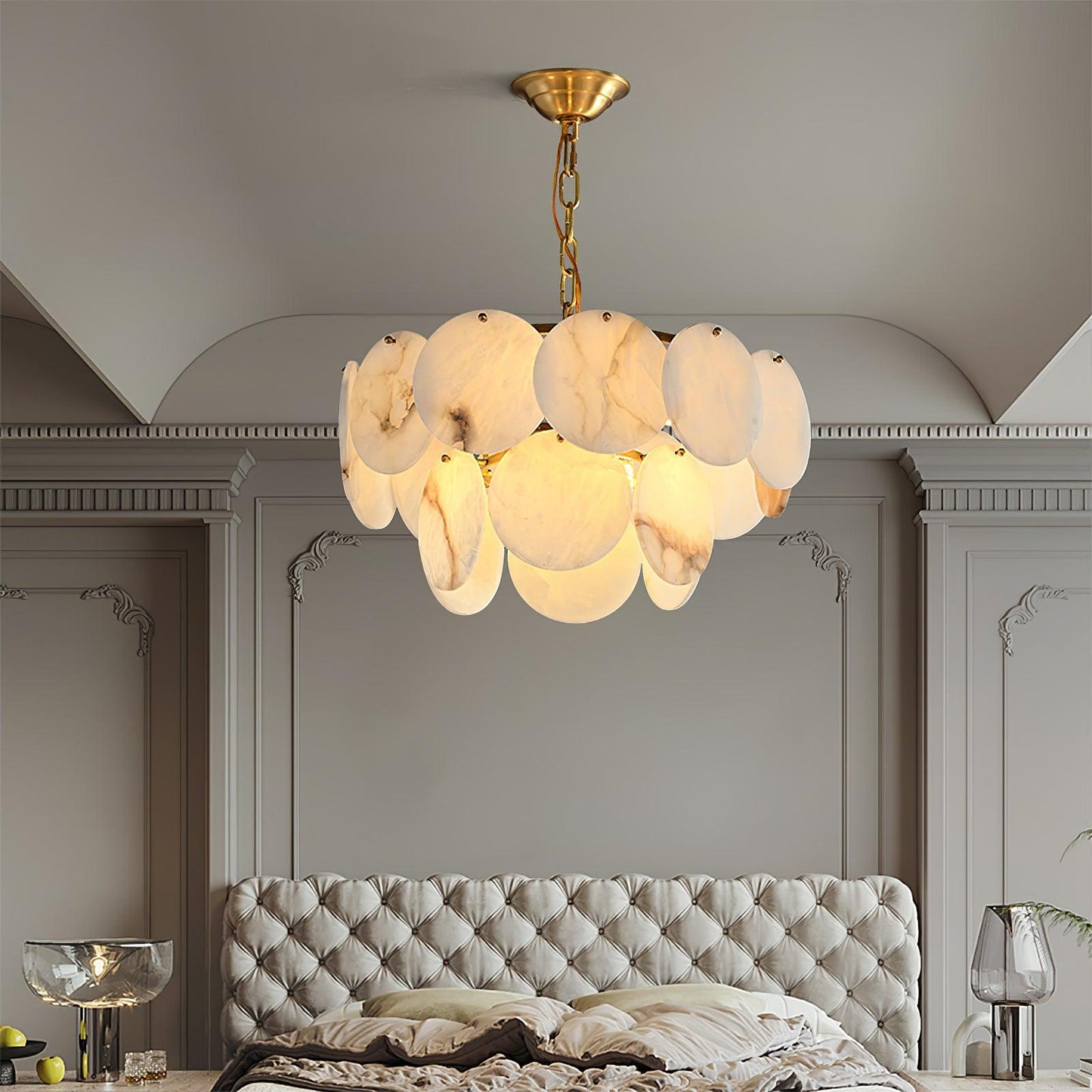 Alabaster Shell Brass Chandelier with Adjustable Height & Elegant Desi