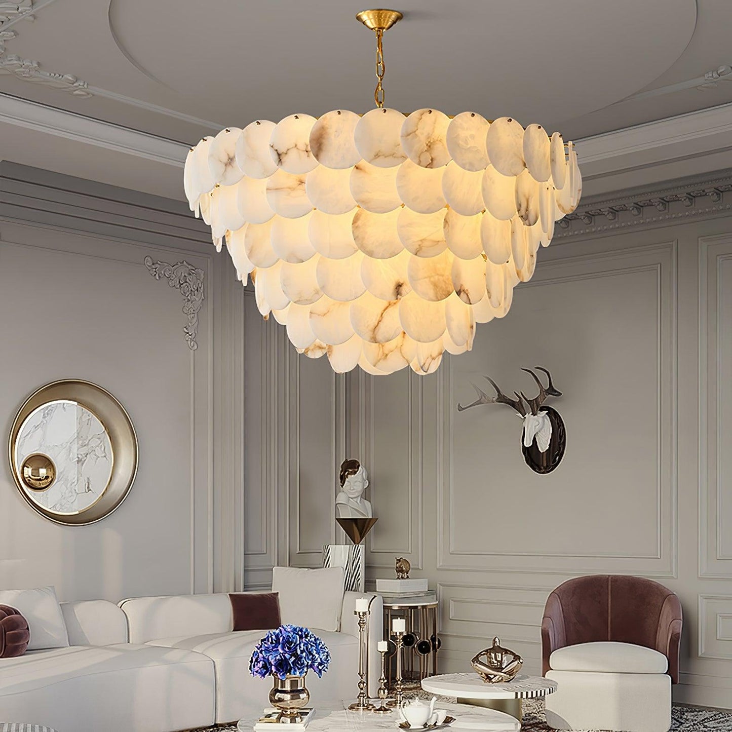Alabaster Shell Brass Chandelier with Adjustable Height & Elegant Desi