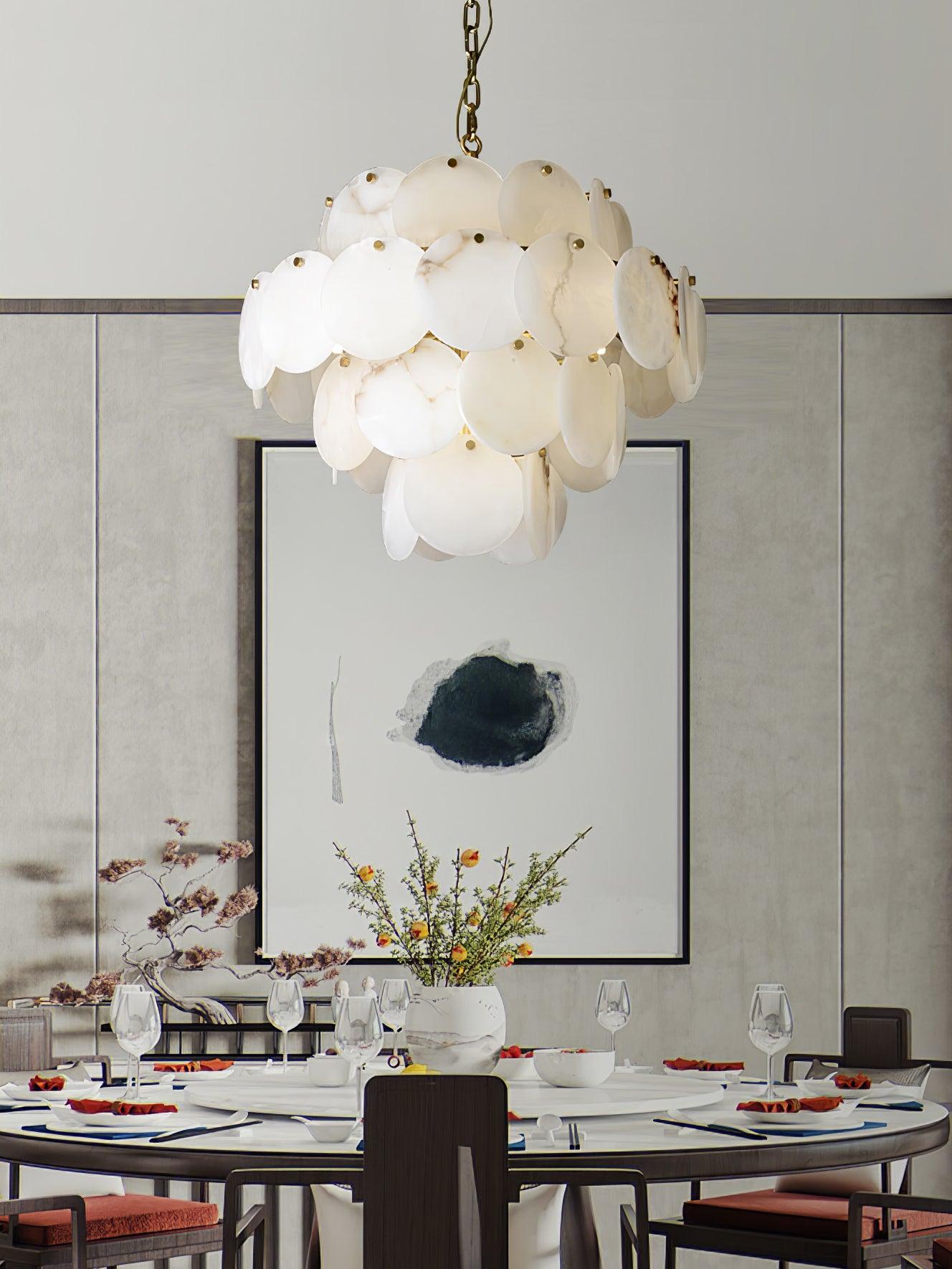 Alabaster Shell Brass Chandelier with Adjustable Height & Elegant Desi