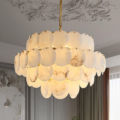 Alabaster Shell Brass Chandelier with Adjustable Height & Elegant Desi