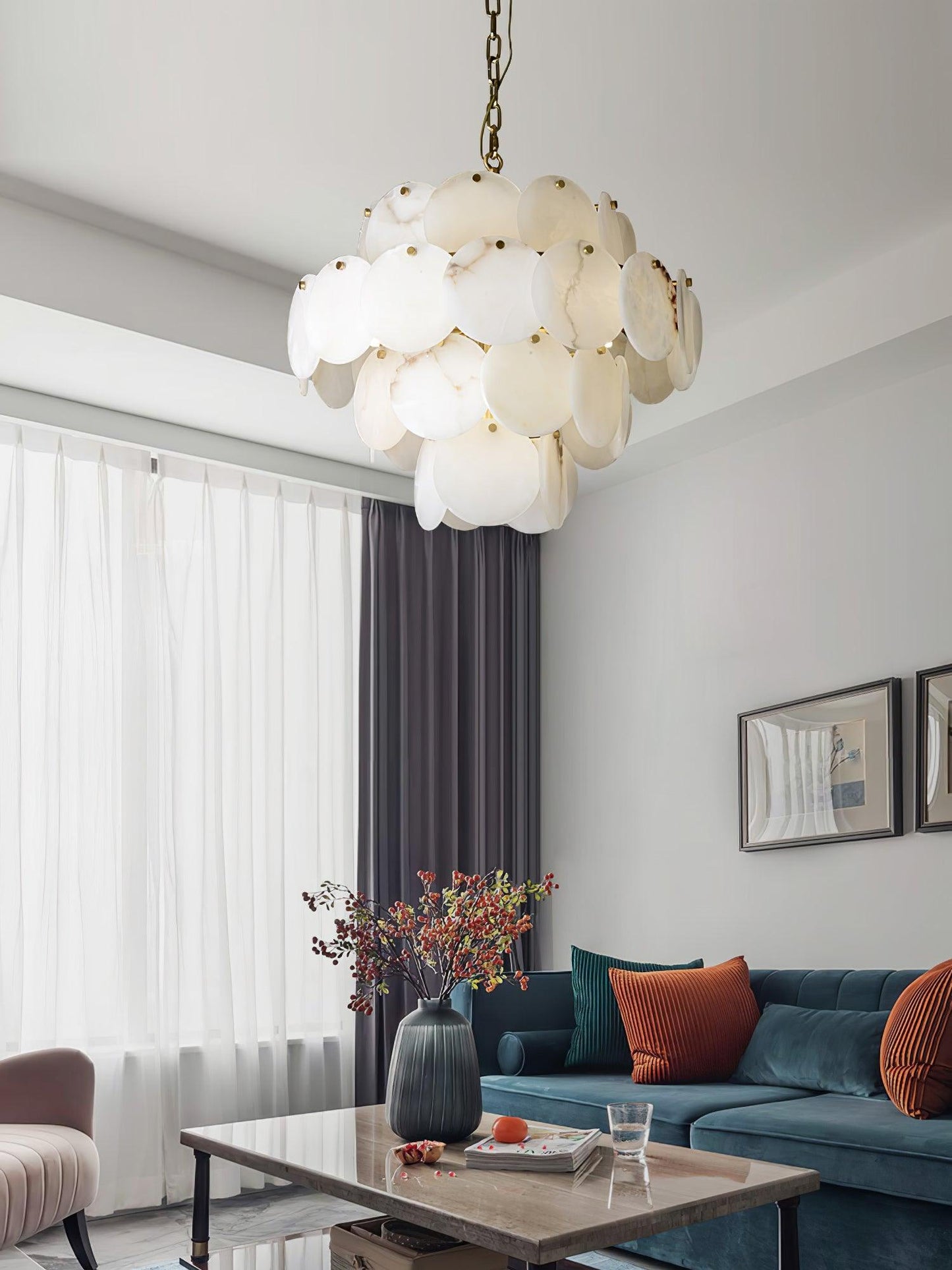 Alabaster Shell Brass Chandelier with Adjustable Height & Elegant Desi