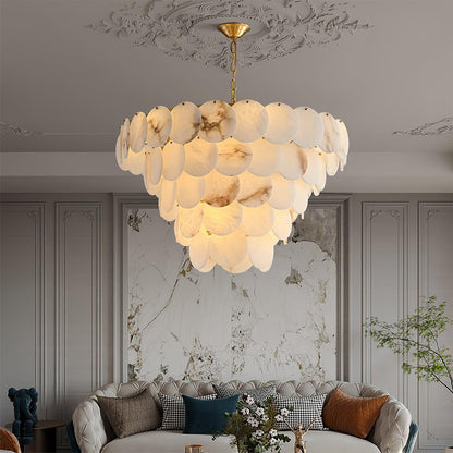 Alabaster Shell Brass Chandelier with Adjustable Height & Elegant Desi