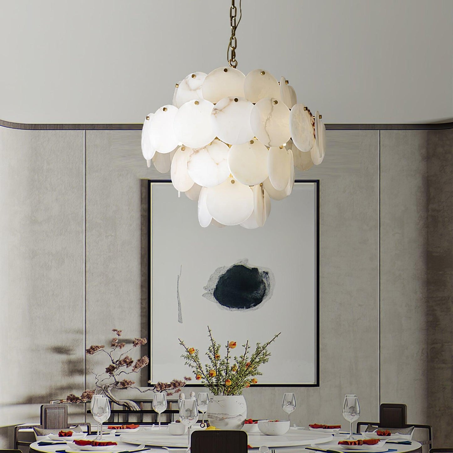 Alabaster Shell Brass Chandelier with Adjustable Height & Elegant Desi