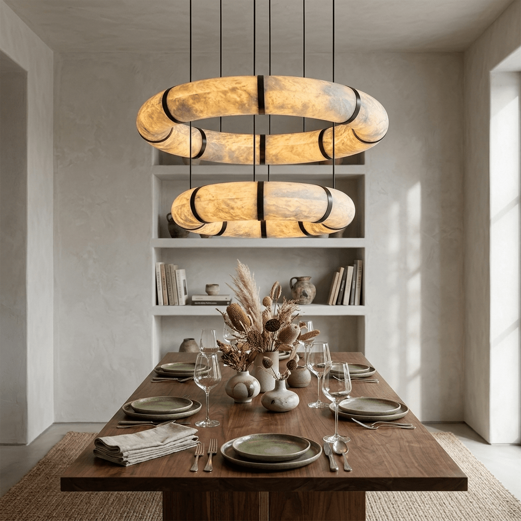 Alabaster Torus Ring Chandelier - Elegant Design with Adjustable Heigh