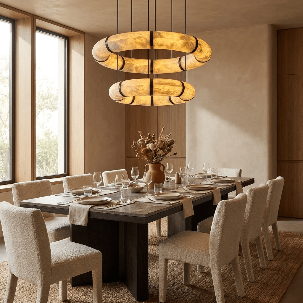 Alabaster Torus Ring Chandelier - Elegant Design with Adjustable Heigh
