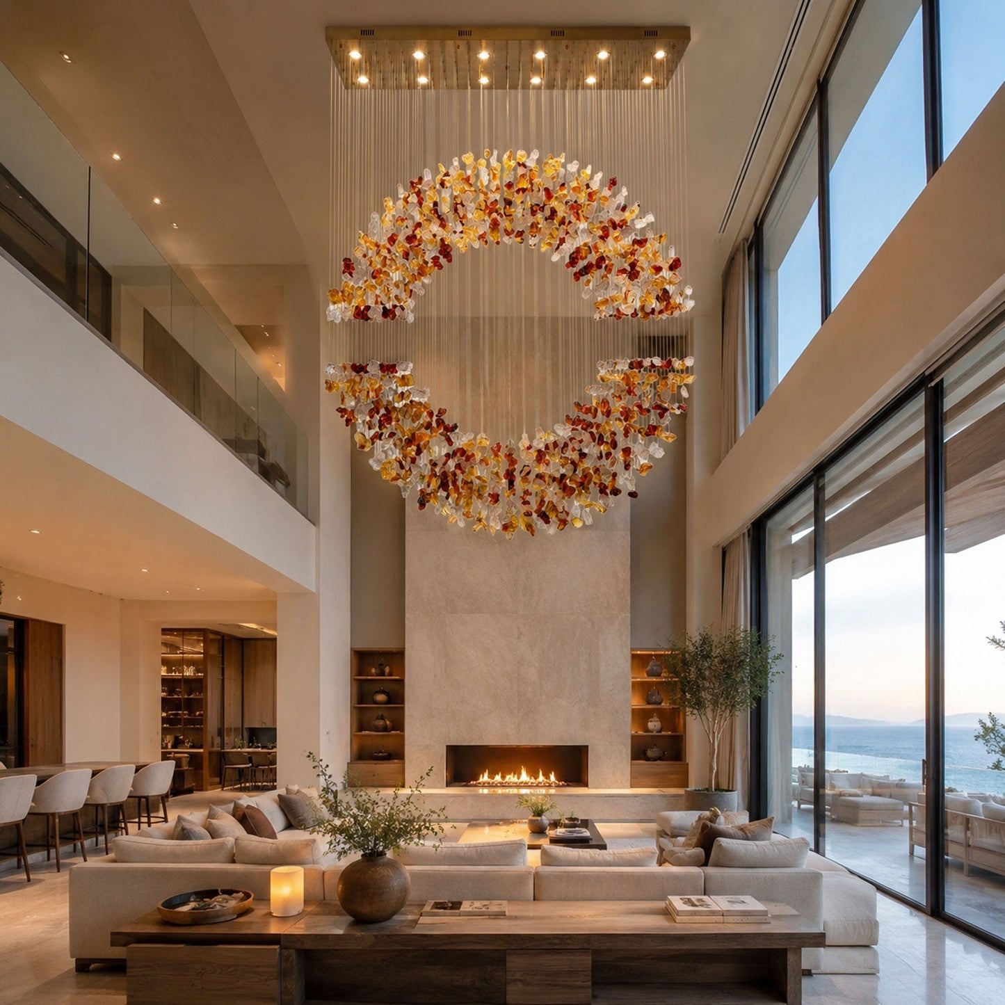 Amber Crystal Halo Chandelier - Elegant Lighting with Adjustable Heigh