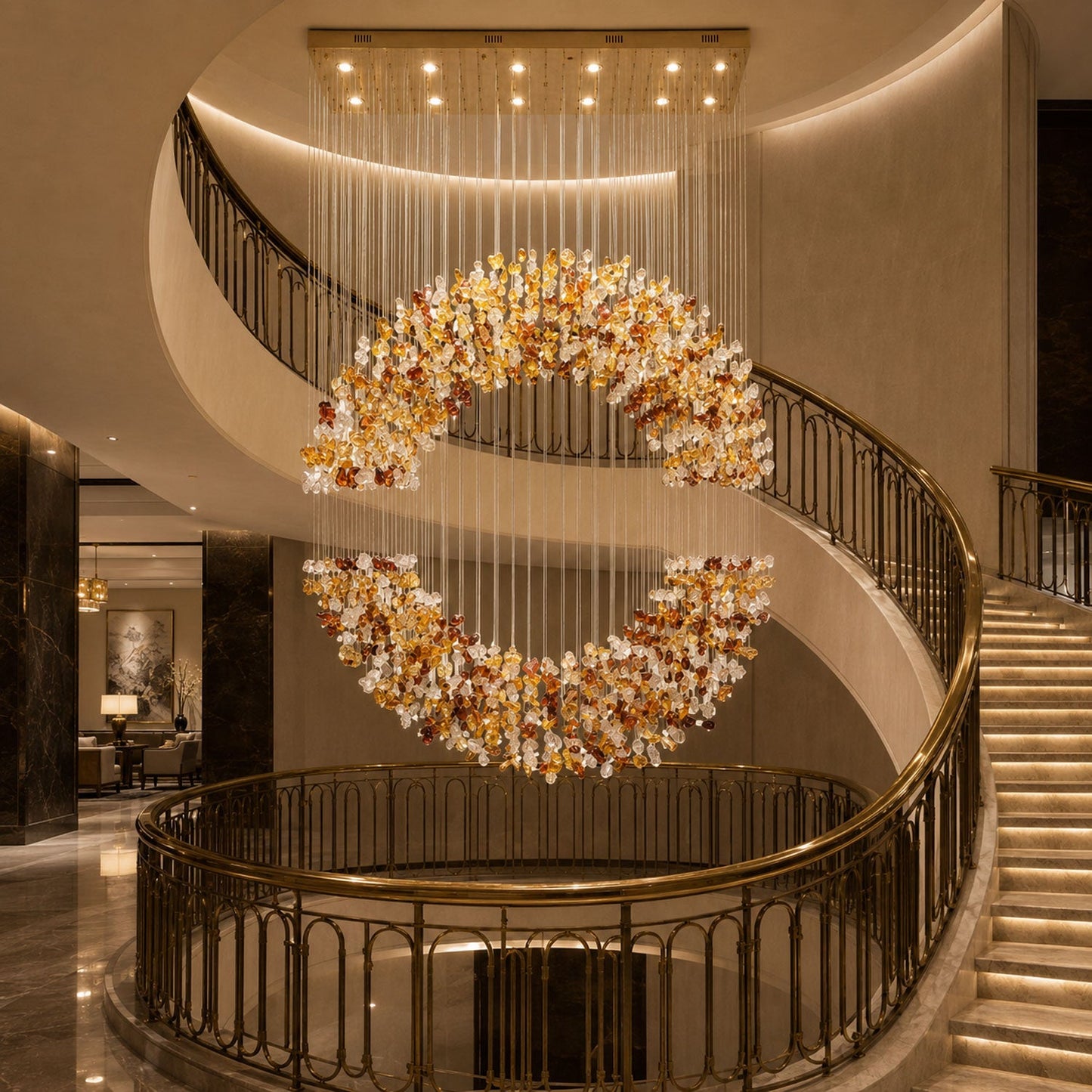 Amber Crystal Halo Chandelier - Elegant Lighting with Adjustable Heigh