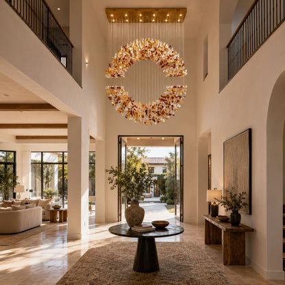 Amber Crystal Halo Chandelier - Elegant Lighting with Adjustable Heigh