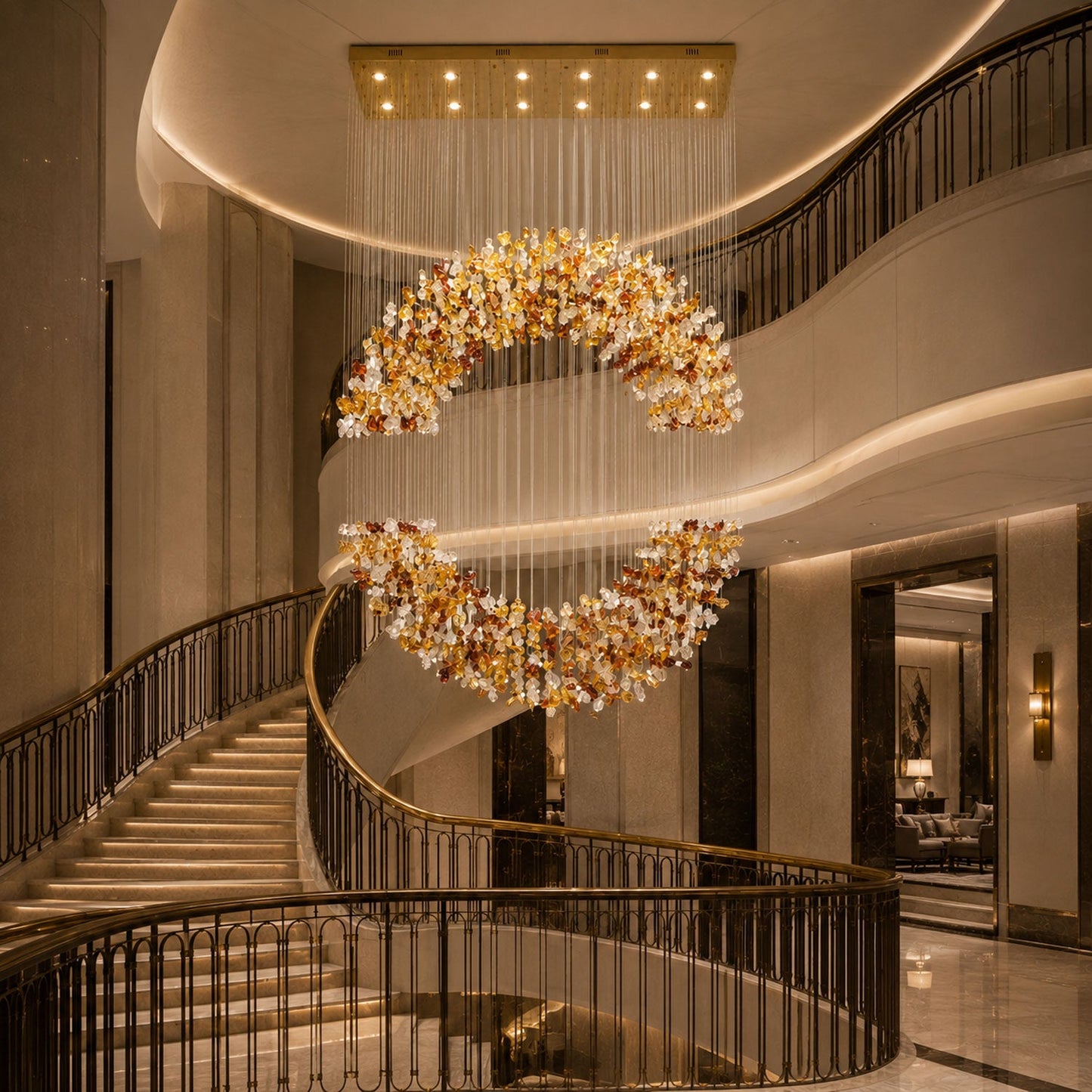 Amber Crystal Halo Chandelier - Elegant Lighting with Adjustable Heigh