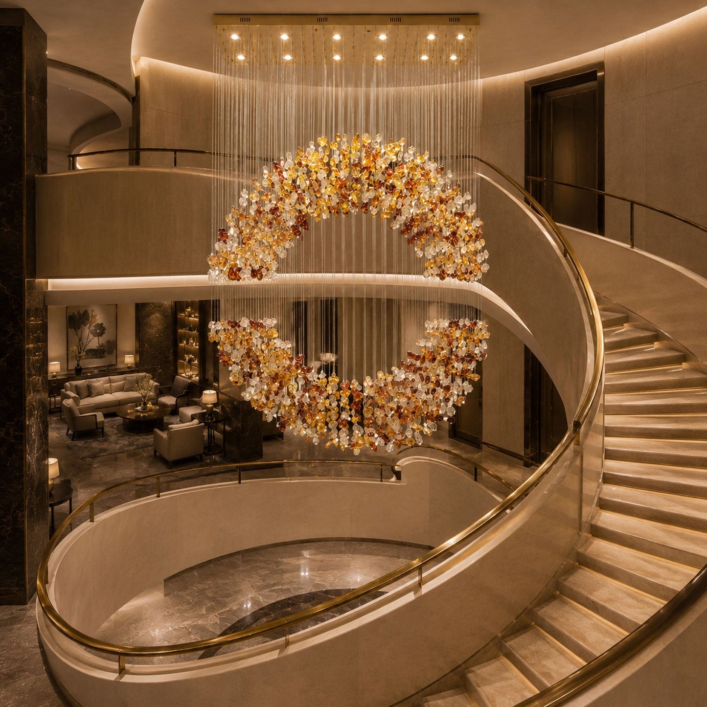 Amber Crystal Halo Chandelier - Elegant Lighting with Adjustable Heigh