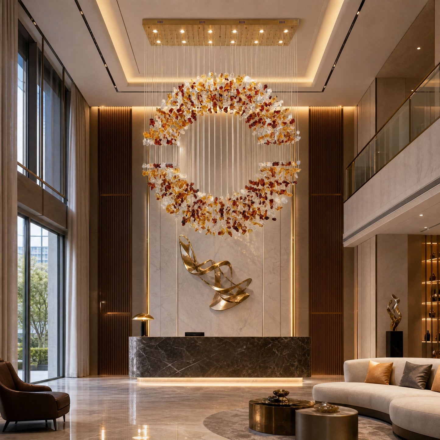 Amber Crystal Halo Chandelier - Elegant Lighting with Adjustable Heigh