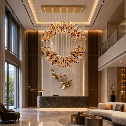 Amber Crystal Halo Chandelier - Elegant Lighting with Adjustable Heigh