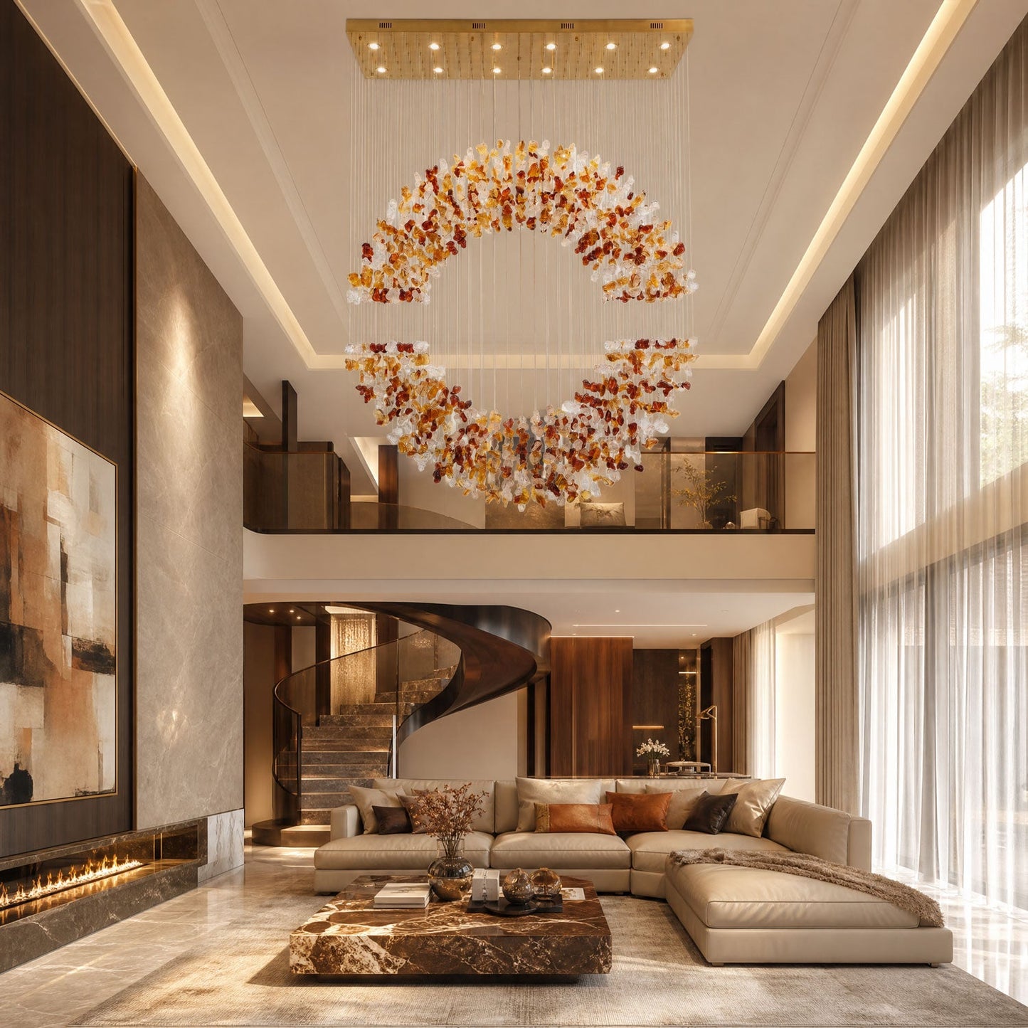 Amber Crystal Halo Chandelier - Elegant Lighting with Adjustable Heigh