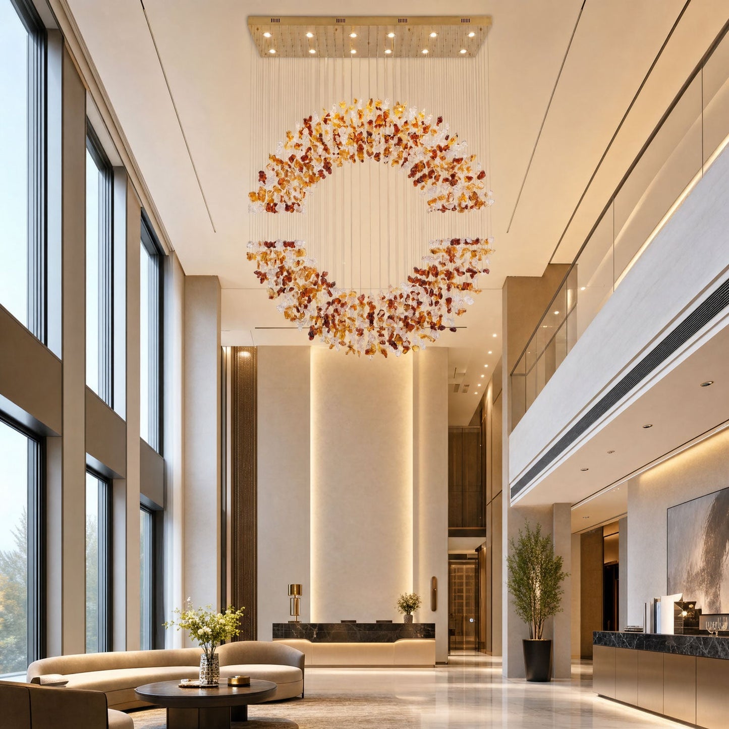 Amber Crystal Halo Chandelier - Elegant Lighting with Adjustable Heigh