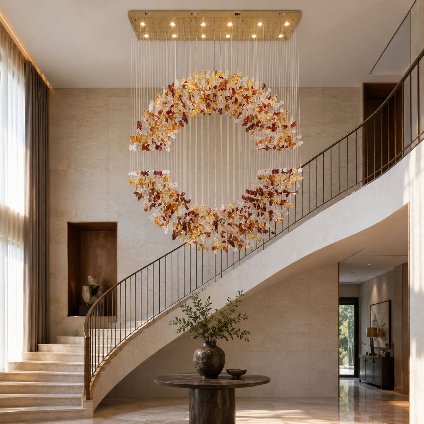 Amber Crystal Halo Chandelier - Elegant Lighting with Adjustable Heigh