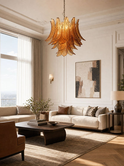 Amber Glass Leaf Chandelier - Elegant Design with Adjustable Height &