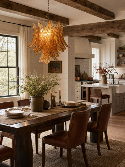 Amber Glass Leaf Chandelier - Elegant Design with Adjustable Height &